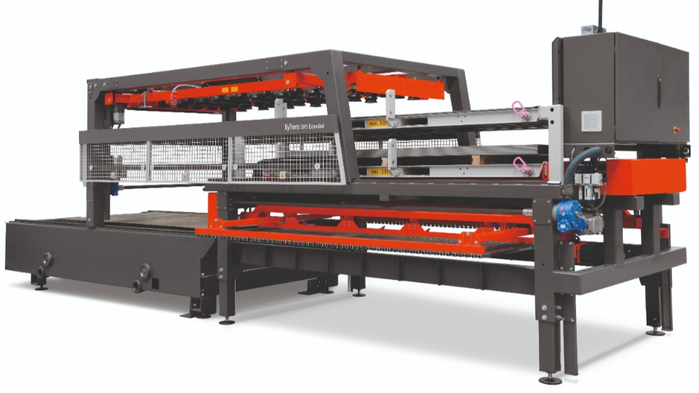 Het geautomatiseerde handlingsysteem ByTrans Extended voor het parallel beladen en ontladen van platen, gesneden eindproducten, halfproducten en restmateriaal