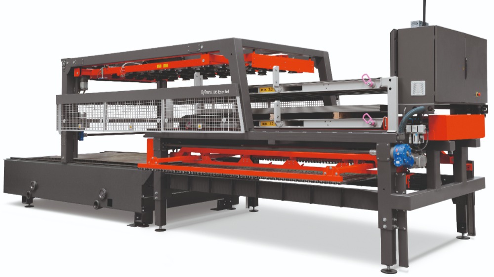 Het geautomatiseerde handlingsysteem ByTrans Extended voor het parallel beladen en ontladen van platen, gesneden eindproducten, halfproducten en restmateriaal