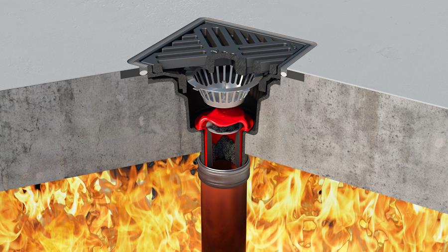 In deze ACO afvoeren zit een brandbeveiligingskit die vuur, rook en giftige gassen tegenhoudt - in beide richtingen -  zodat de brand niet via de afvoer kan overslaan naar andere verdiepingen