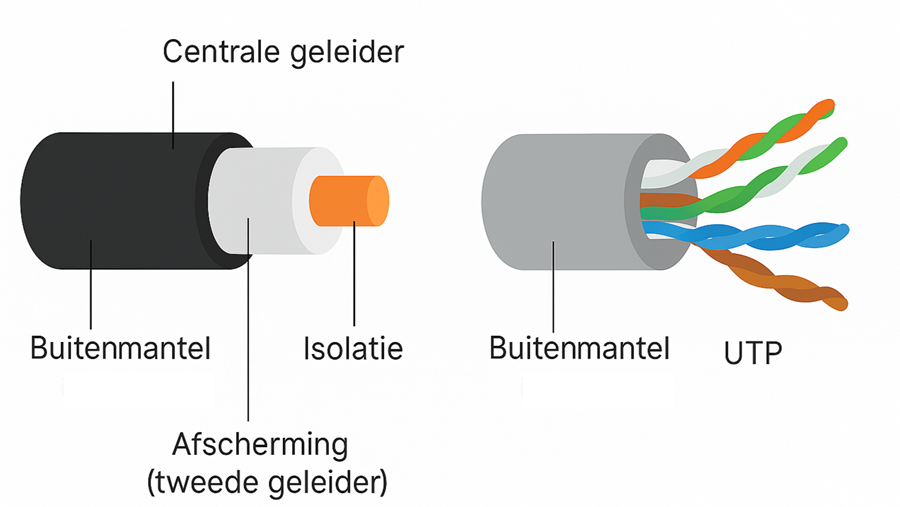 Doorsnene van een COAX- en een UTP-kabel